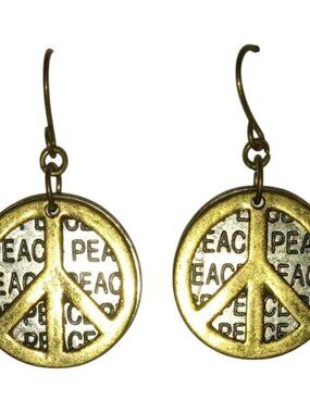 Vintage Peace Sign Dangle Earrings Gold Tone Two-Layer Symbol & Words